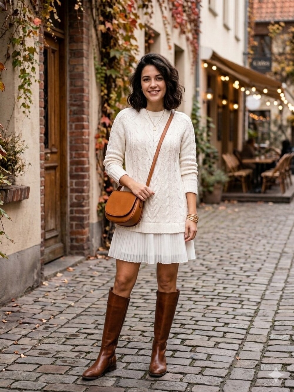 Cozy Cable Knit Sweater Dress in Cream with Brown Leather Crossbody